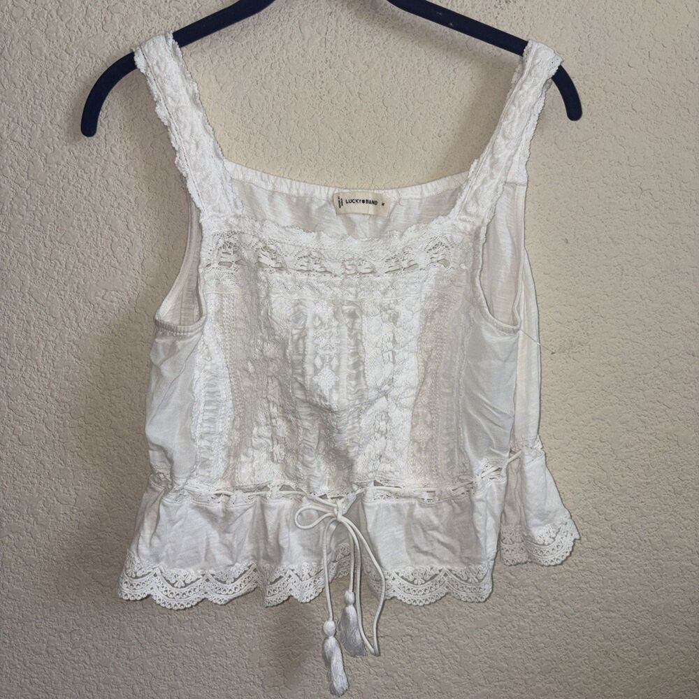 Lucky Brand Crochet Lace Square Neck Boho Tank Top Milkmaid Coquette Western M